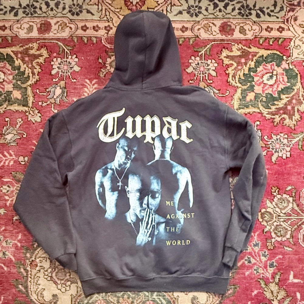 2Pac Me Against The World Hoodie Mens Large Black Graphic Rap Hip Hop Sweatshirt